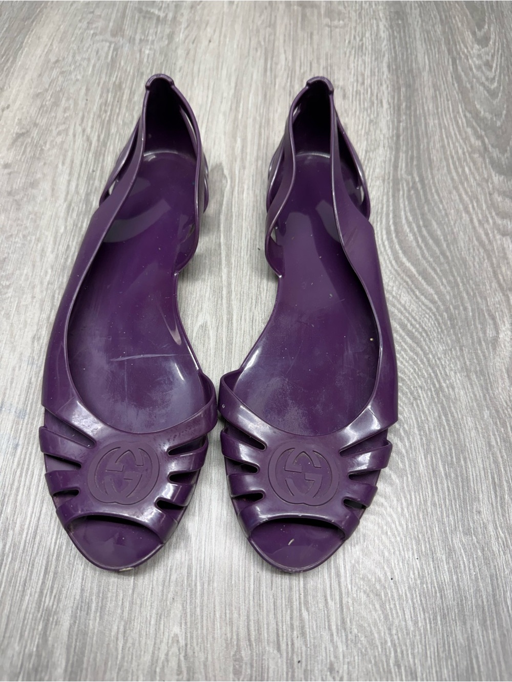 Gucci Purple Jelly Peep-Toe Flats with Logo